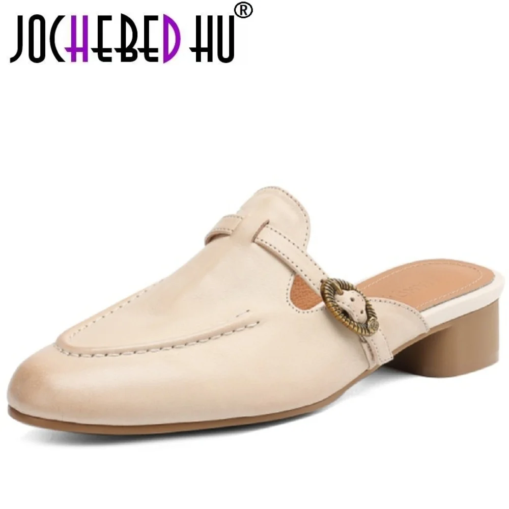 

【JOCHEBED HU】Новые летние женские туфли-лодочки ручной работы из натуральной кожи с закругленным носком на низком каблуке, мягкие удобные лаконичные шлепанцы в стиле ретро, размеры 33-40