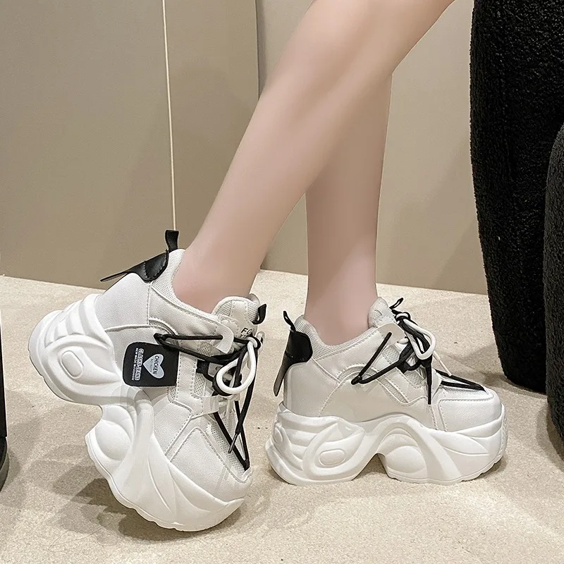 New Women Autumn Spring Chunky Sneakers Lace Up Platform Sports Shoes Woman Thick Bottom High Heels Female 9.5CM Wedges Sneakers