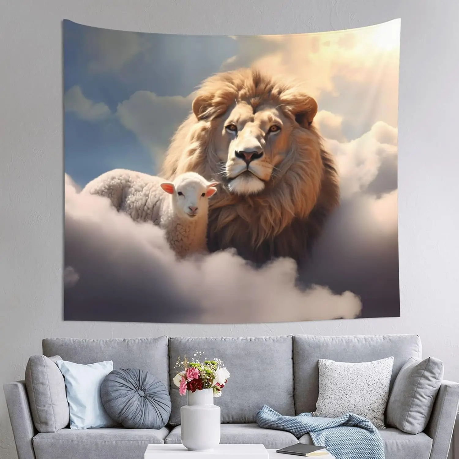 Divine Lion and Lamb Tapestry, Majestic Lion and Gentle Lamb in Peaceful Cloudy Sky with Warm Sunlight Wall Art for Aesthetic