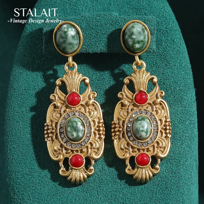 

Vintage Red Natural Stone Big Drop Dangle Earrings Enamel Palace Gold Color Vase Luxury Jewelry Brand Designer Antique 2026 New