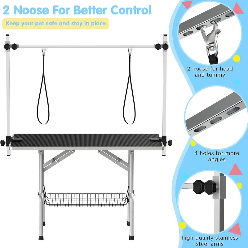 42 Foldable Dog Grooming Table with Arms Nooses Mesh Tray Black