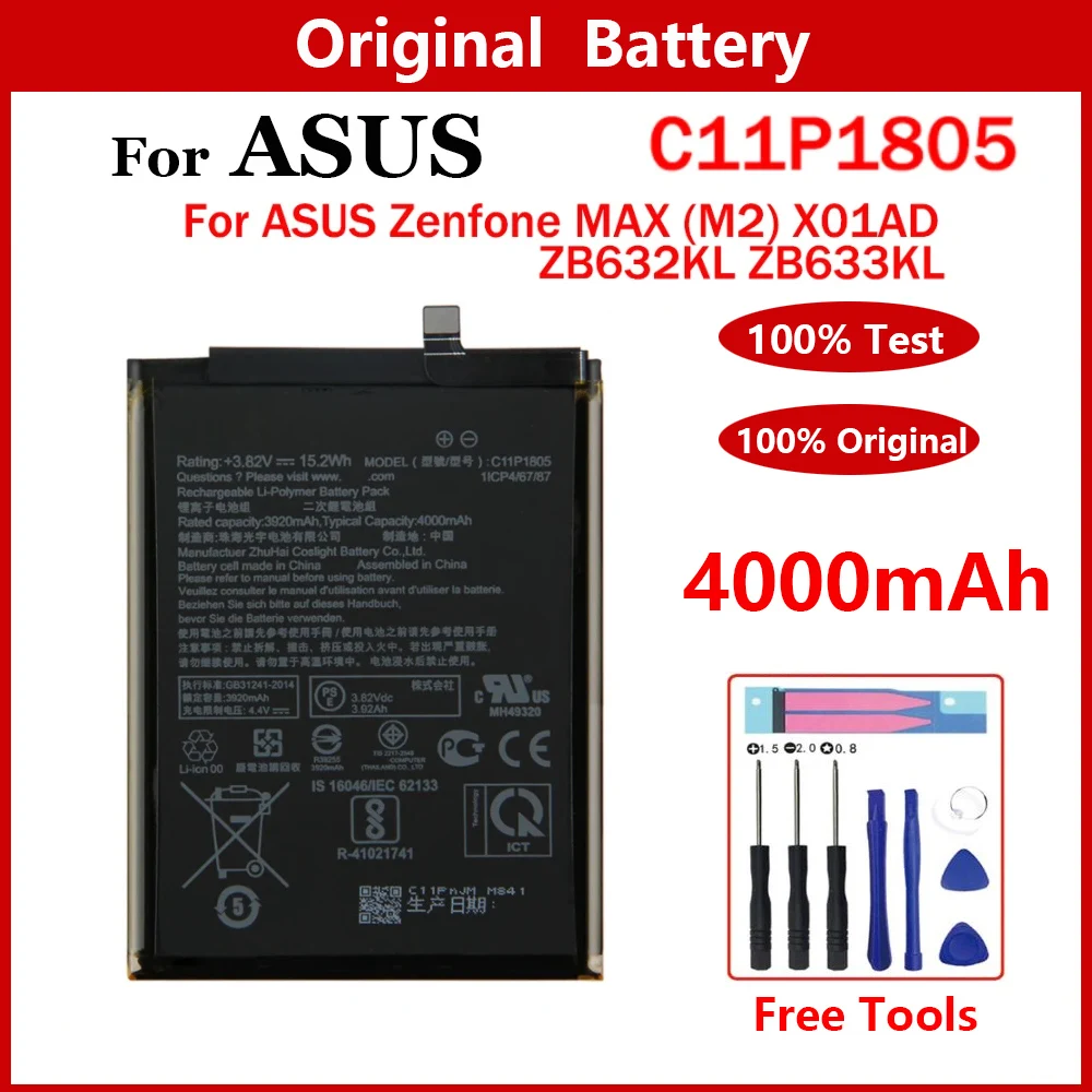 100% New Original Battery C11P1805 4000mAh For ASUS Zenfone MAX (M2) X01AD ZB632KL ZB633KL Batteries With Tools