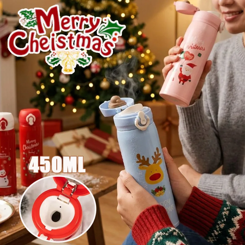 1-5PCS Christmas Insulated Bottle Stainless Steel Double Wall Elk Santa Pattern Reusable Thermal Flask for Coffee Tea Gift