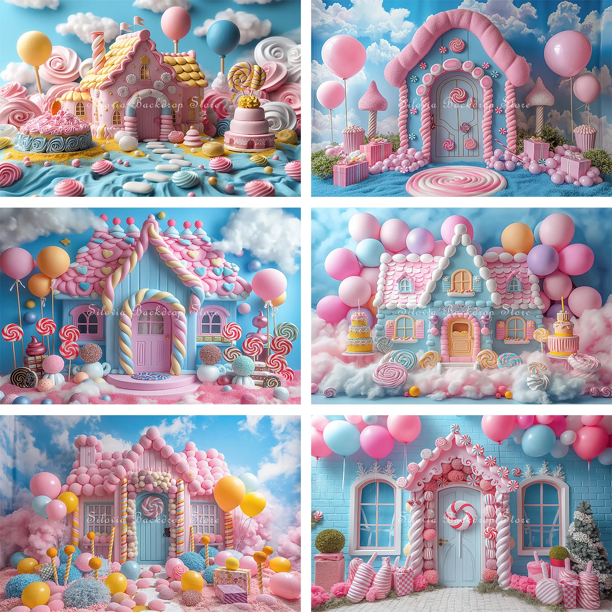 Sweet Candy House Photo Background Birthday Cake Smash Photography Backdrop Cotton Candy Lollipops Balloon Photo Studio Props