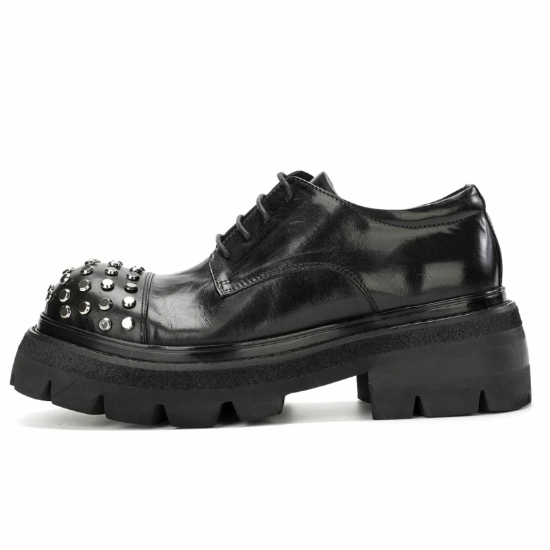 European/America Original Punk Style Street Rivet Design's Derby Shoes Men's Dress Shoes Genuine Leather Height Increased Shoes