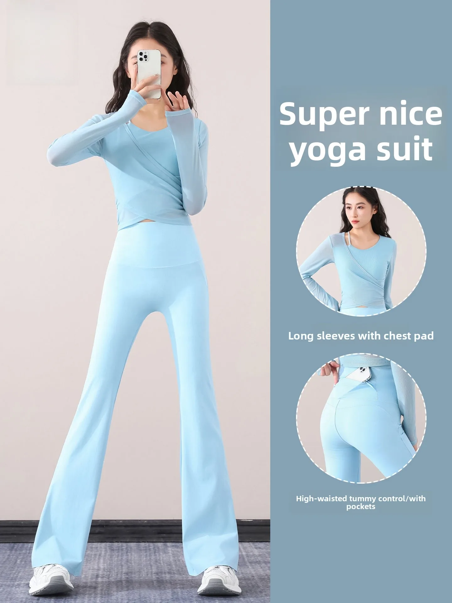 Women's Yoga Fitn Sport Dance Set High Waist Trousers Pilates Training Clothes Long Sve High Elastici Nylon Fabric