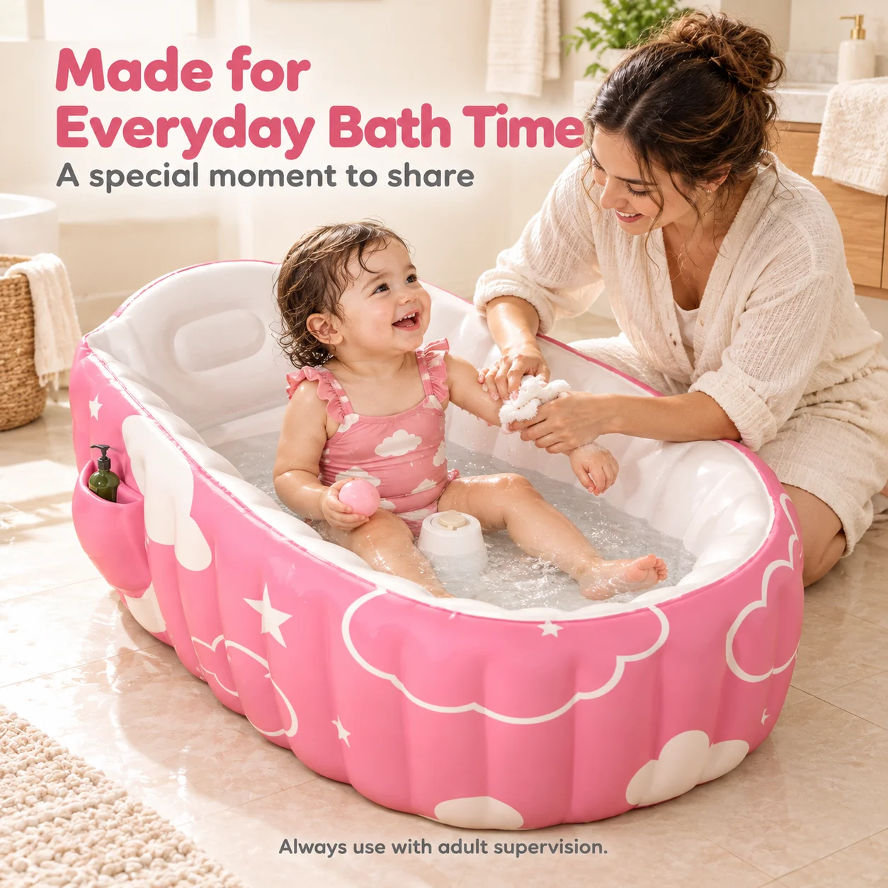 1PC Inflatable Baby Bathtub Portable Foldable Toddler Bath Tub with Backrest Soft Air Cushion Side Pocket Cloud Print 98cm