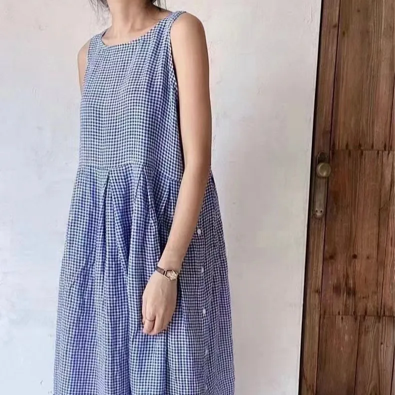 Summer round Ne Side Button Svel Plaid Dr Women's Faion Casual  Dr Cheered Pattern Spring Autumn Wear