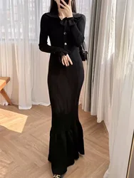 Black knitted long women's dress temperament elegant elastic Slim package hip fishtail dresses 2024 fall new