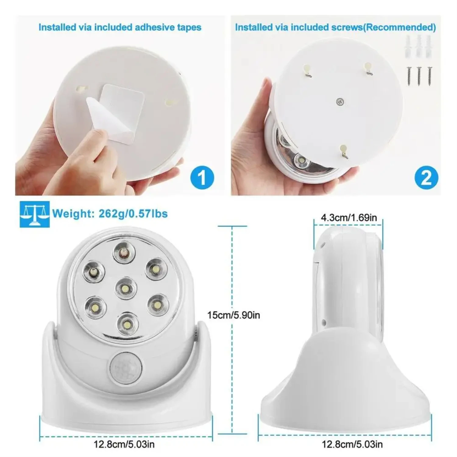 LED Motion Sensor Night Light, lâmpada de parede giratória, exterior, interior, sem fio, escadas, Novo