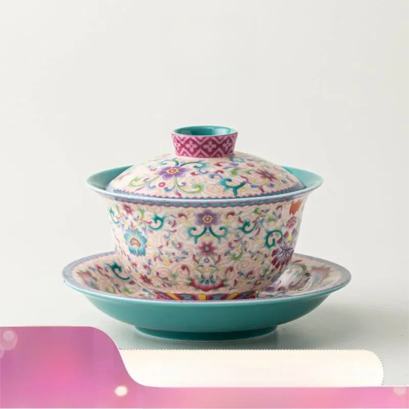 Handmade Shuyiju Enamel Floral Sancai Gaiwan, Ceramic Tea Bowl, Home Decor Luxury Gift for Tea Ladies