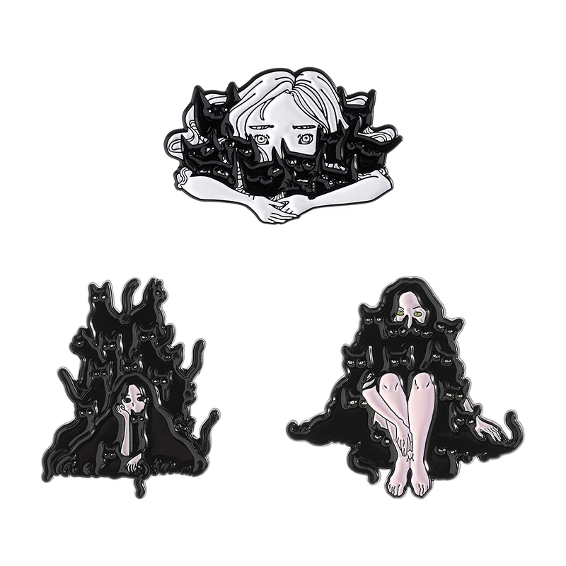 

Halloween Punk Anime Movies Girl & Cat Enamel Pins Cartoon Anime Comic Cat Metal Brooch Bag Lapel Badge Jewelry Gift for Friends