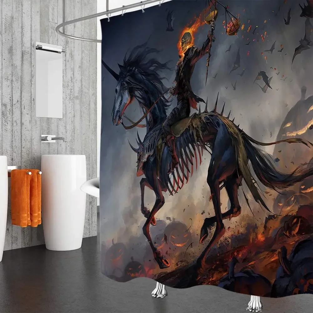 Fantasy Skull Shower Curtain Horse Skeleton Warrior Knight Bats Halloween Pumpkins Night Scenery Décor