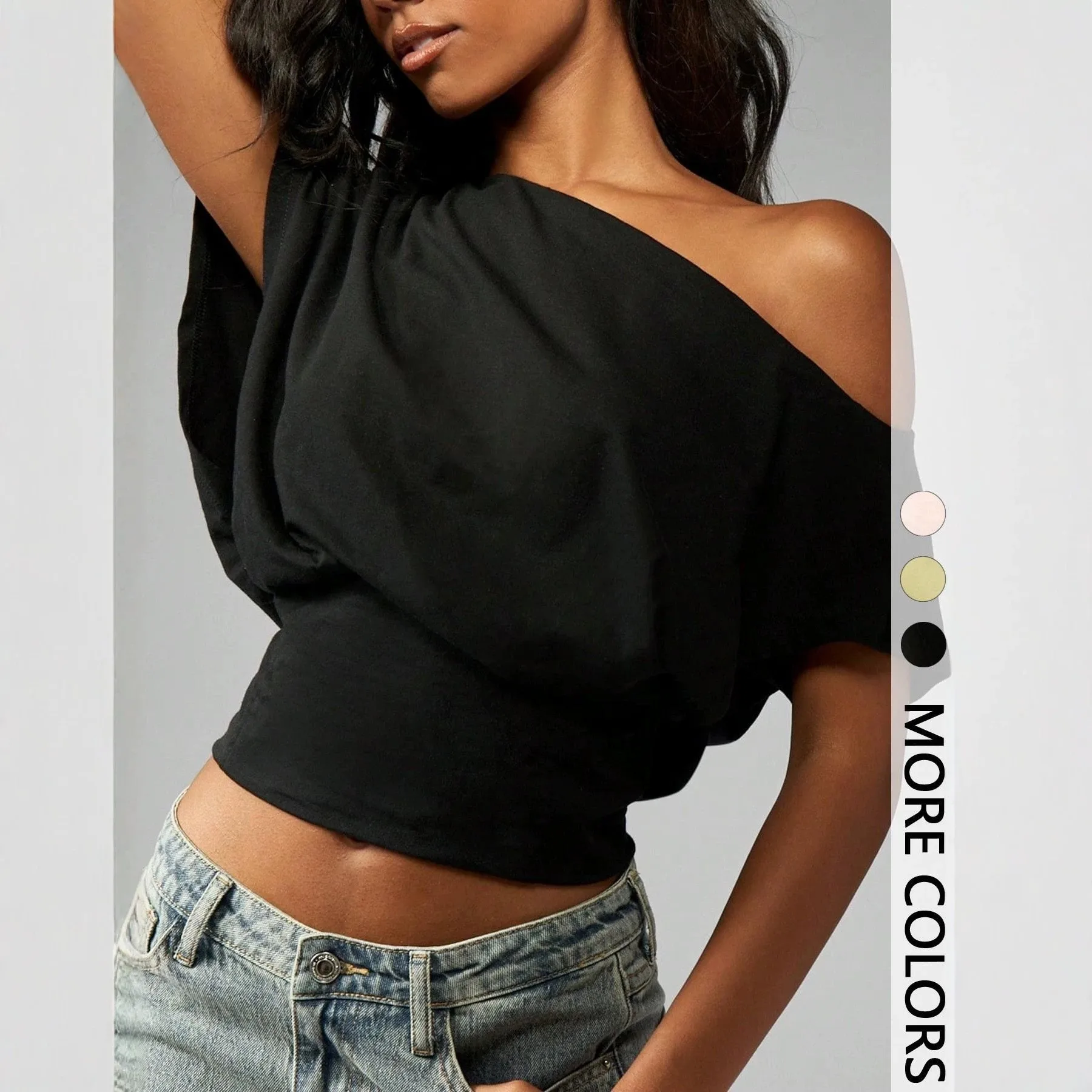 Pink Off-Shoulder Cropped T-Shirt Short Sleeve Loose Fit Casual Top Draped Neckline Solid Color Drop Shoulder T-shirt