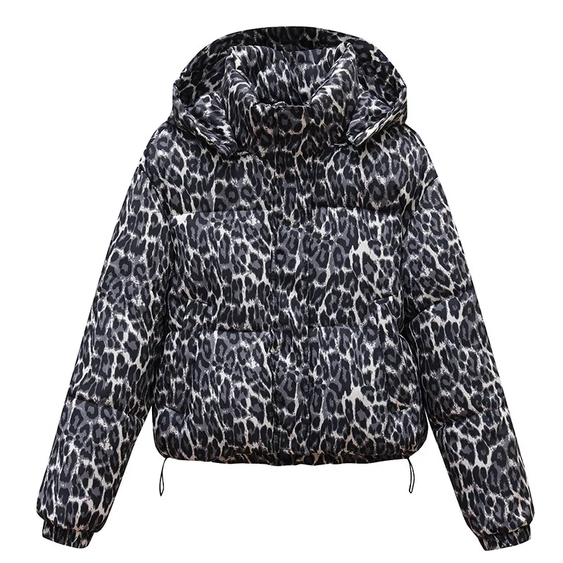 

2025 Women Winter Jacket Removable Hat Bread Clothing Thicke Cotton Padded Jacket Loose Leopard Print Down Cotton Jacket Female