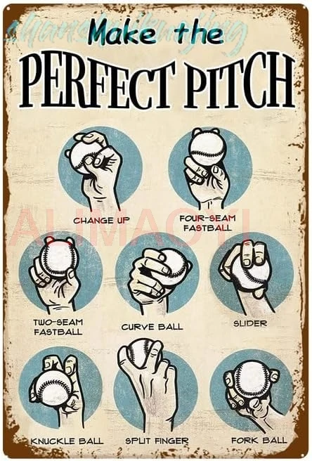 Make The Perfect Pitch - Baseball Tin Sign Wall Decor - Vintage Baseball Sign for Man Cave - Baseball Pitching Grips tin Si sign