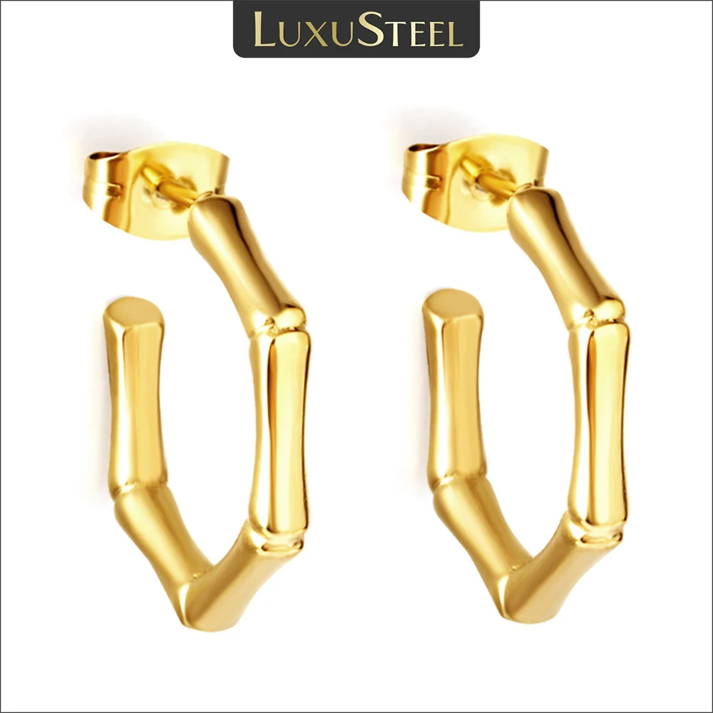

LUXUSTEEL Stainless Steel Bamboo Hoop Earrings Small For Women C Shape Geometric Waterproof Exquisite Golden Earrings Gifts