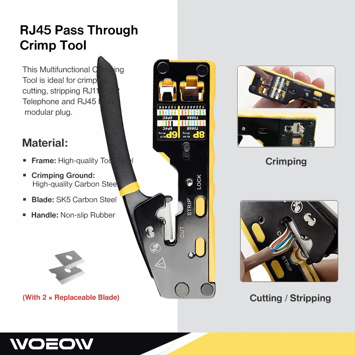 Imagem -02 - Woeow-kit Ferramenta de Rede Profissional em Rj45 Crimp Tool Kit Passe Através Crimper Rj45 Tester Punch Down Stripper