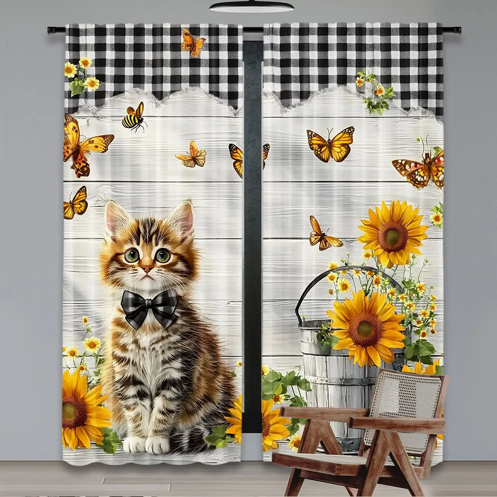 2Pcs Cute Country Cat Sunflower Curtains Rustic Wood Printed Curtains Suitable For Bedroom Bathroom Living Room Dining Room