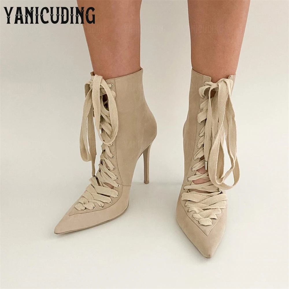 Lace up Suede Ankle Boots Sexy Style Pointed Toe Stiletto Boots Multiple Straps Gray Suede Boots for Women Customizable Colors