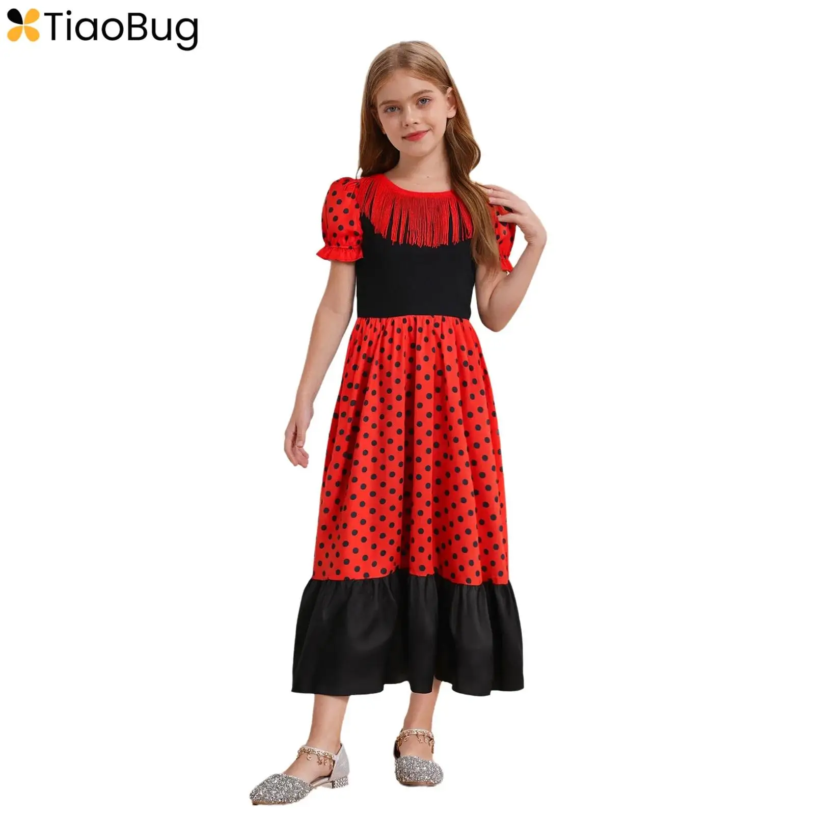 Mädchen Quasten Flamenco Tanzkleid Halloween Performance Kostüm Rundhals Kurze Puffärmel Punkte Farbblock Midikleid