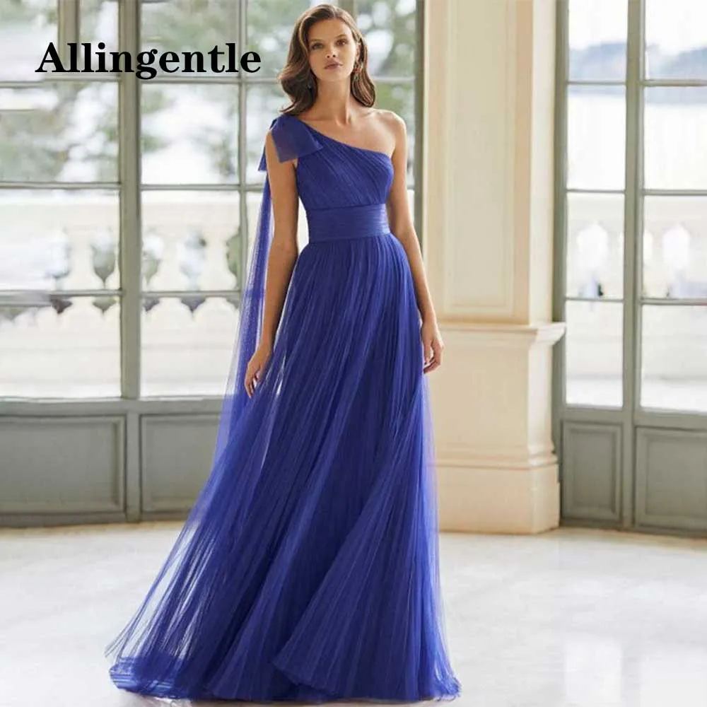 Allingentle One Shoulder Tulle Long Evening Dress A Line Pleats Prom Gown For Women Party Sleeveless 2023 Elegant Robe De Soriee