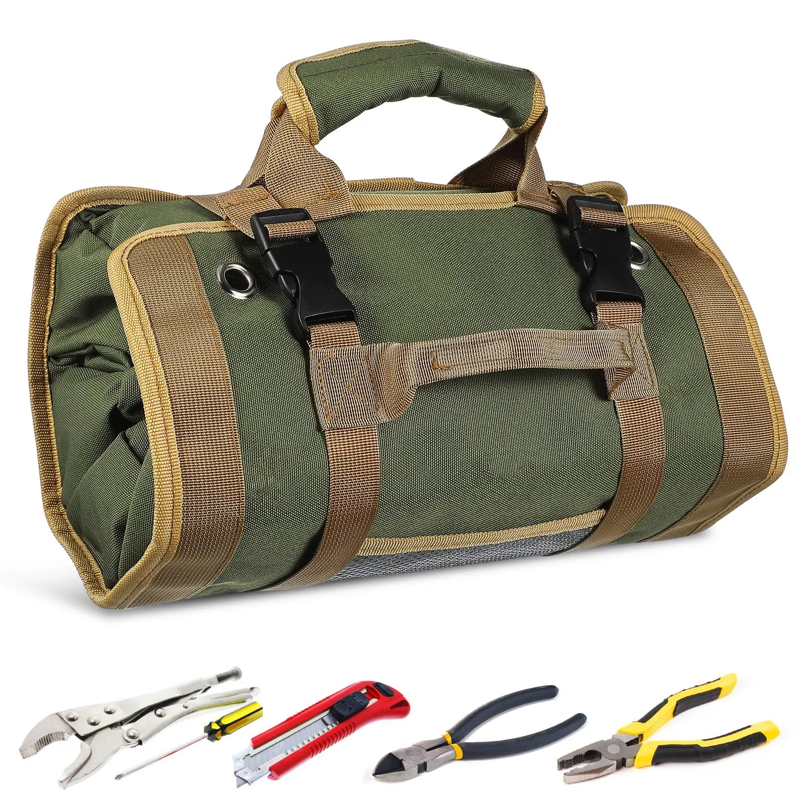Green Durable Tool Roll Bag Large Capacity Hardware Electricians Woodworking Tools Storage ganizer Pouch Rolling Tool
