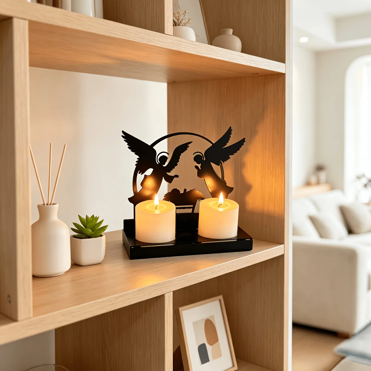 CIFBUY 1pc Christmas Nativity Iron Candle Holder Double Angel Adoring Baby Jesus Black Hollow Silhouette Desktop Decor