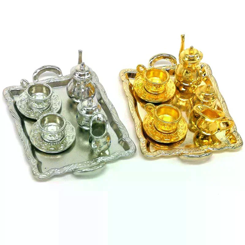 10pcs 1: 12 Dollhouse Furniture Cup Miniature Dining Ware Metal Tea Plate Set For Kids Pretend Play