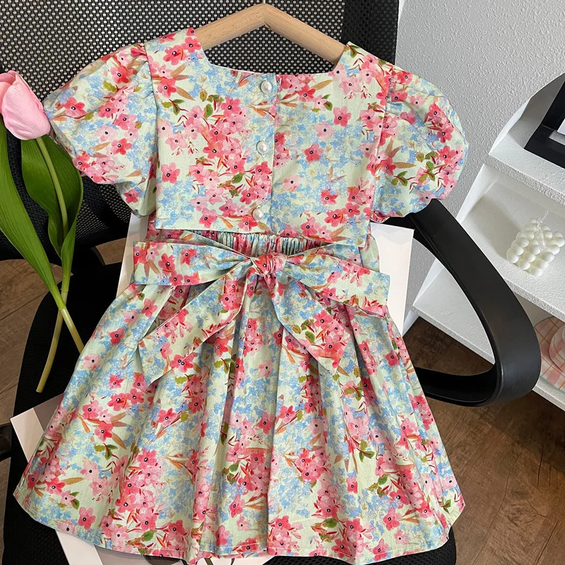 

2024New Summer Girls' Floral Dress Short-Sleeved Hollow-out Bowknot Baby Girls' Floral Princess Dress