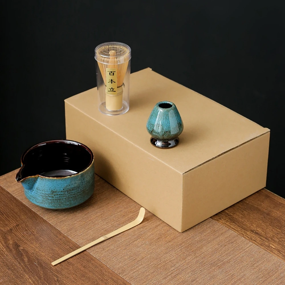 4Pcs/set  Matcha Tool Blender Set Japanese Bamboo Tea Brush / Teaspoon Ceramic 430ml Tea Bowl / Tea Stand Teaware Set Gift