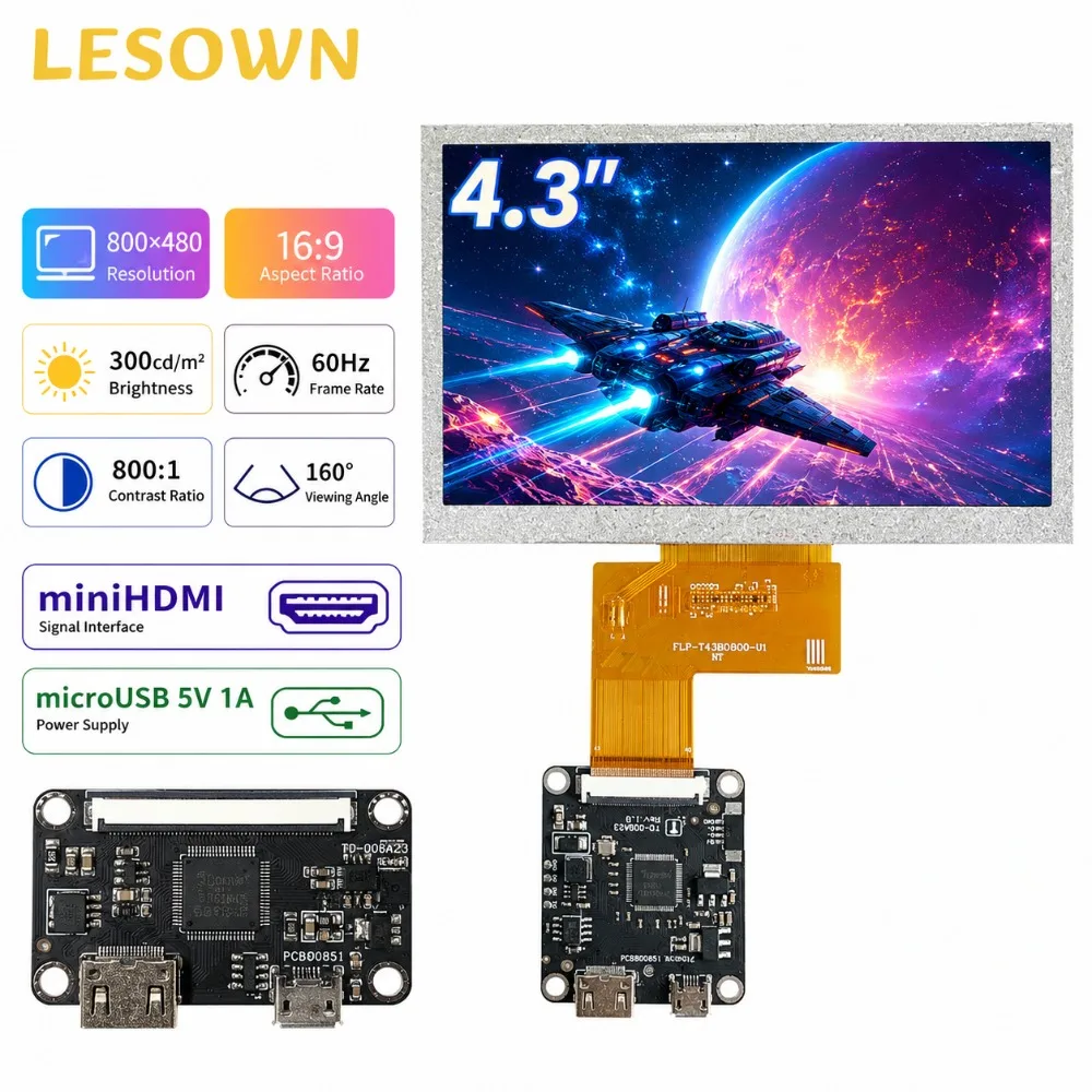 LESOWN 800x480 TTL Monitor System Instant Connection 4.3" LCD Matrix with MiniHDTV To TTL Board