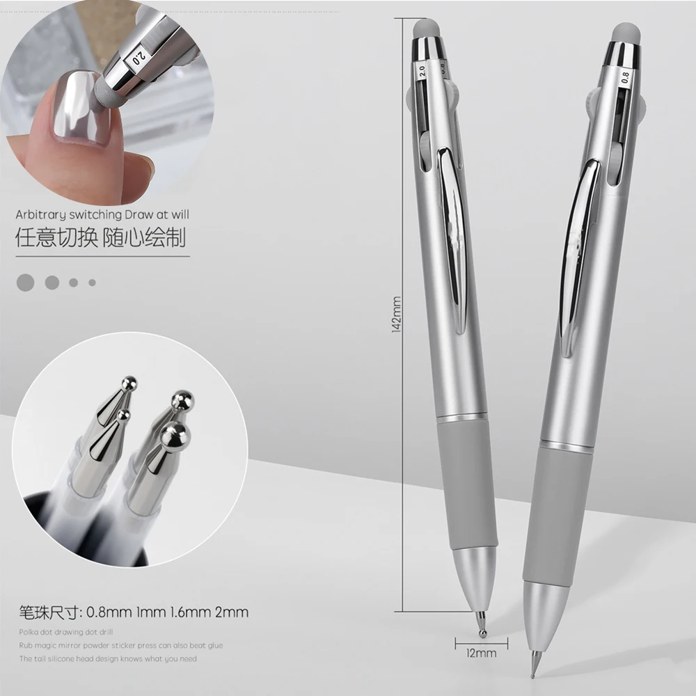 Caneta pontilhadora 5 em 1 para arte em unhas, espelho, pó cromado, caneta esferográfica, design, ponta para arte em unhas, pincel para pintura, selecionador de strass