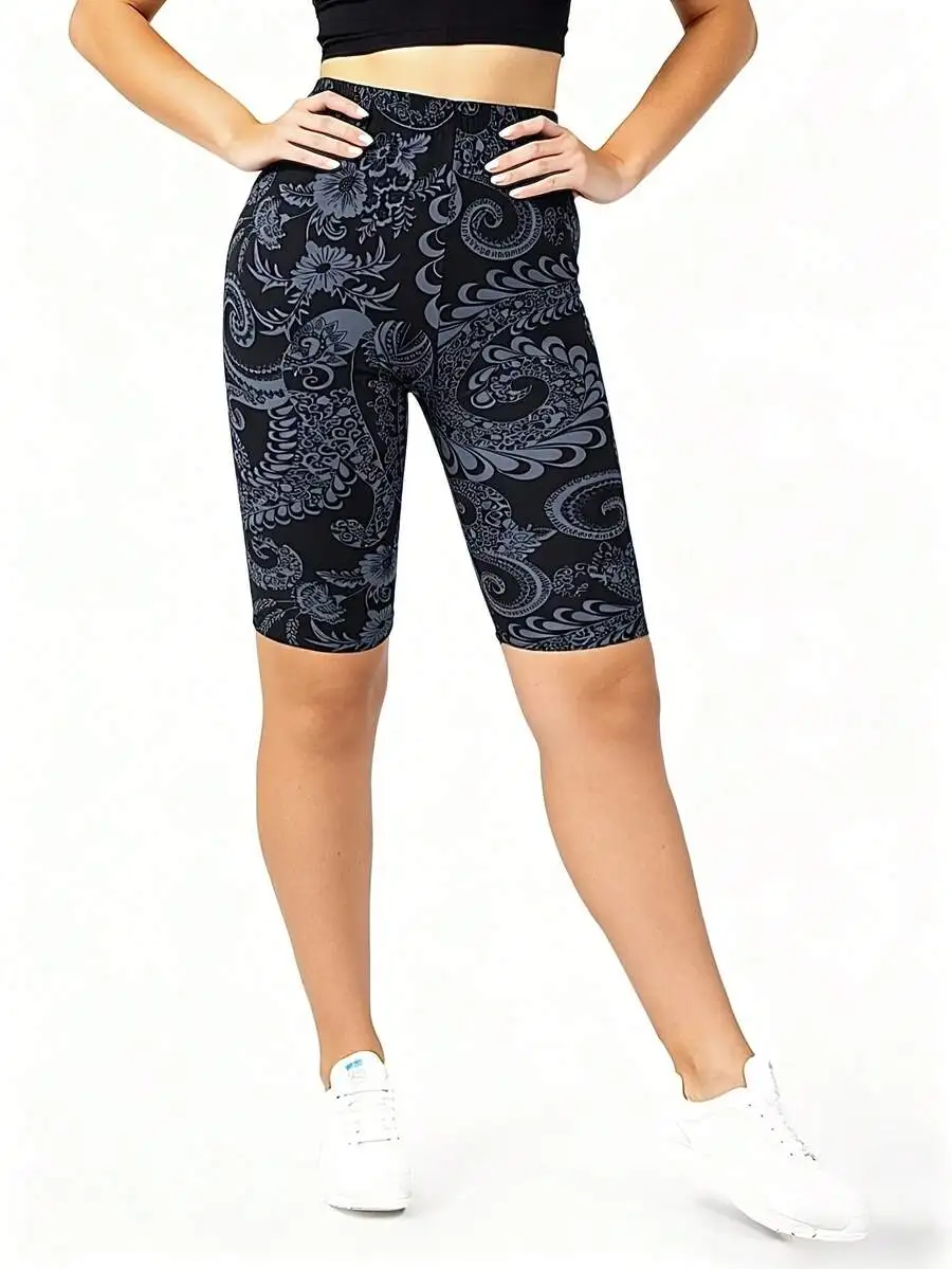 Black Knee Length Floral Print Fitted Shorts, Versatile For Spring/Summer Casual, Outdoor, Yoga, Fitness, Walking Vacation