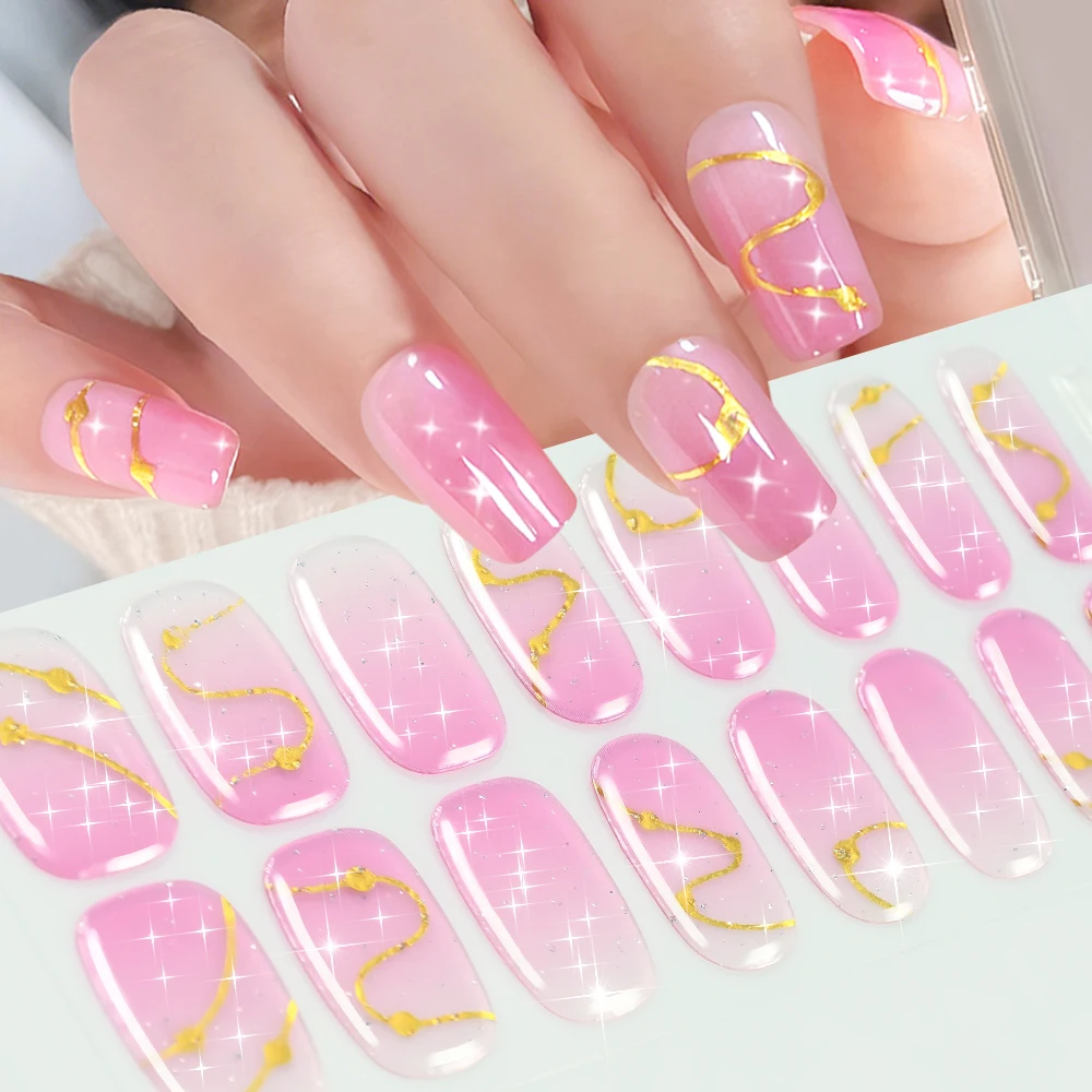 1Sheet Violet Purple Gold Foil Butterfly Gel Nail Stickers Full Cover Baking-Free Nail Wraps Simple Manicure Extension Strips NK
