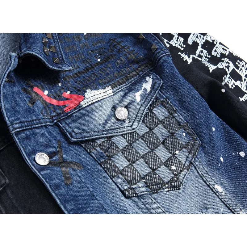 Y2K Street Graffiti Men\'s Denim Jacket High-end Fashion Personalized Spray Paint Printed Jacket Black Casual Loose Denim Top