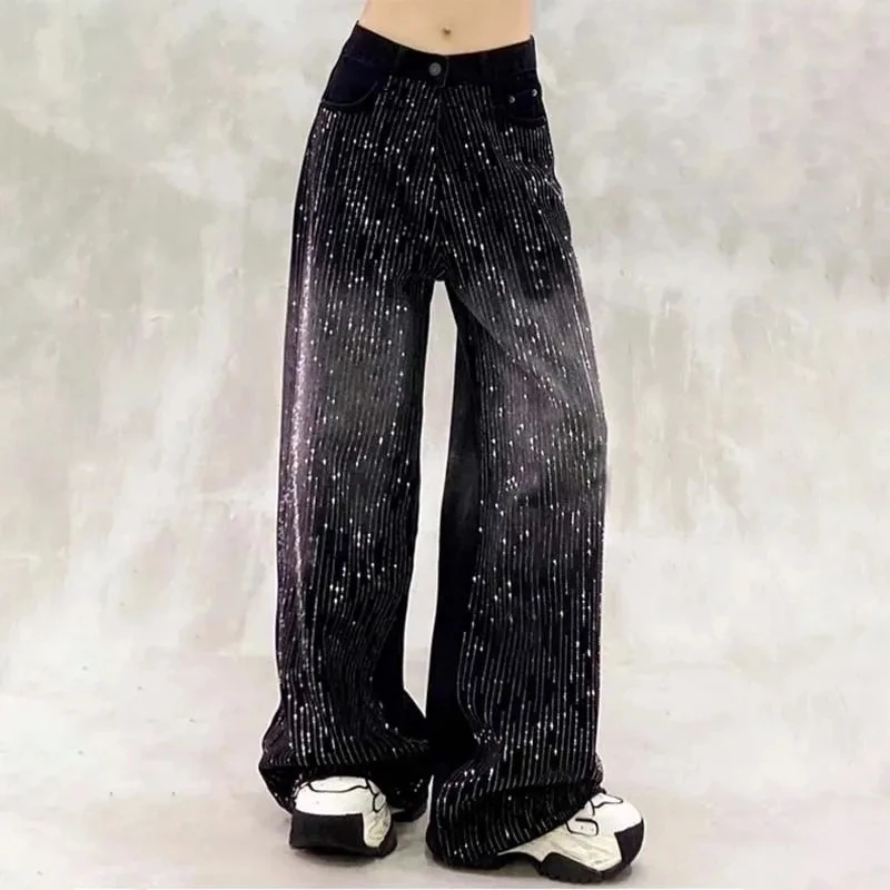 Herbst Winter Neue Retro Casual Farbverlauf blockiert Glänzende Heißer Präge design Jeans Hohe taille Gerade bein Breite bein hosen