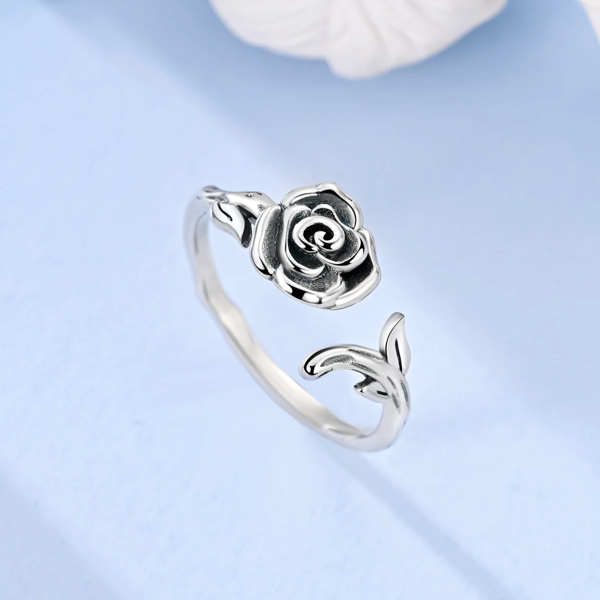 Women's 925 Sterling Silver Adjustable Iris Flower Feather Ring