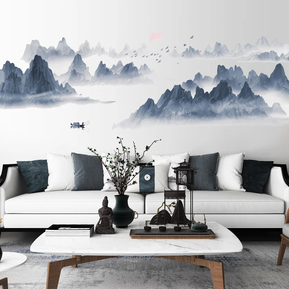 Pegatina de pared creativa de paisaje de puesta de sol de serie de estilo chino de 4 piezas, Mural decorativo de fondo para sala de estar y