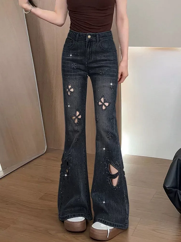 

High Waist Bell Bottom Hole Design Retro American Print Women's Jeans Street Style Sexy Chic Summer 2026 Long Pants