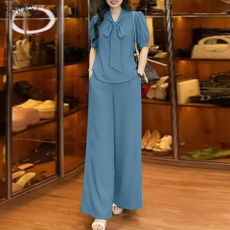 

Летний элегантный комплект ZANZEA 2026: блузка с V-образным вырезом и коротким рукавом, брюки. Женский повседневный однотонный костюм-двойка для офиса и работы.