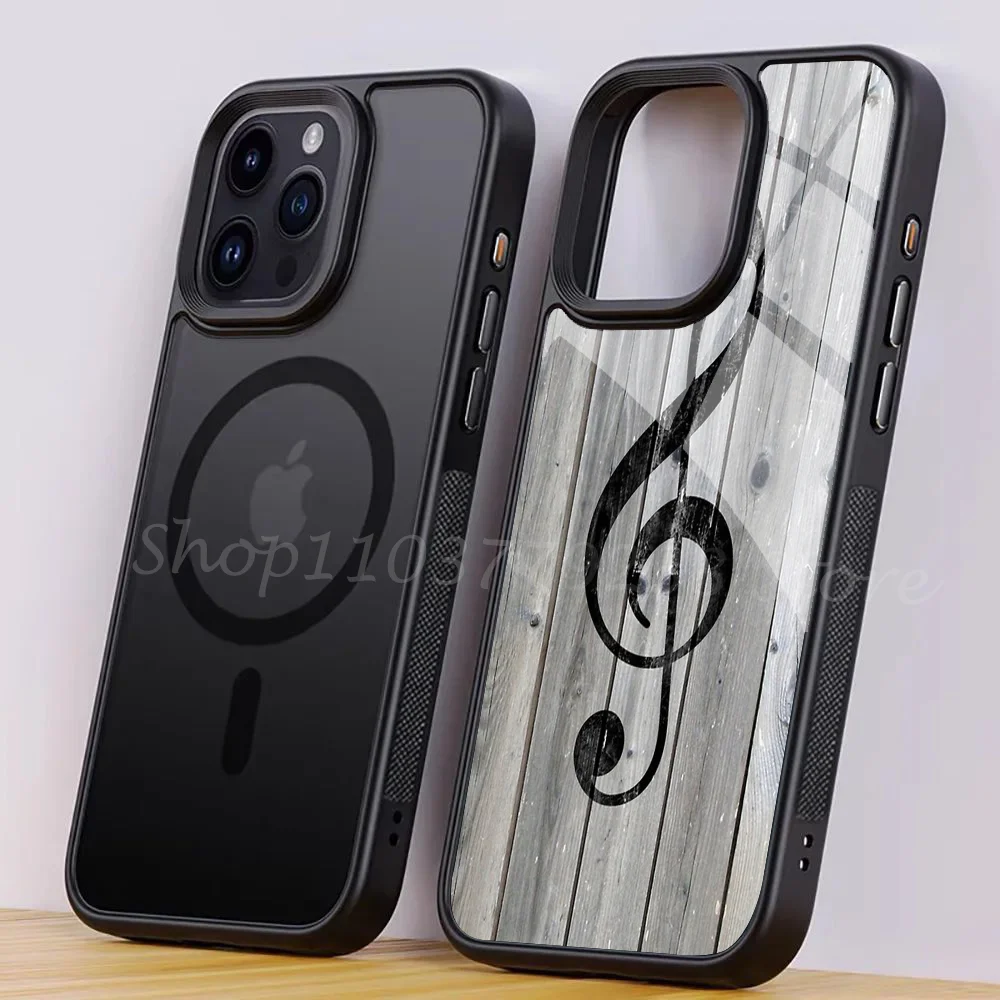 Vintage Black Music Note Treble Clef Gray Wood Phone Case For IPhone 15 14 13 Pro Max For Magsafe Wireless Charging Cover