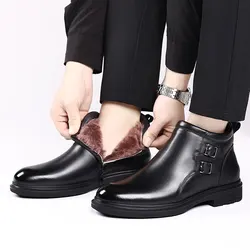 Winter Genuine Leather Wool Men's Ankle Boots Fashion Platform Non-slip Men Cotton Shoes buckle Designer Male Chelsea Boots male
