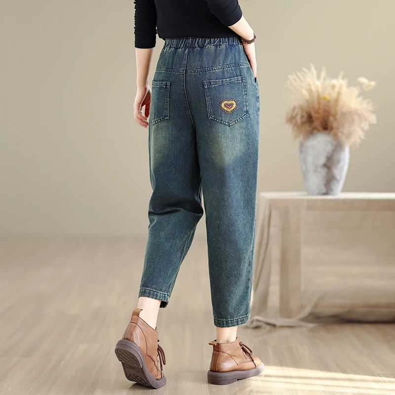 Retro patchwork geborduurde denim broek dames losse elastische taille negendelige harembroek lange katoenen broek herfst Faion