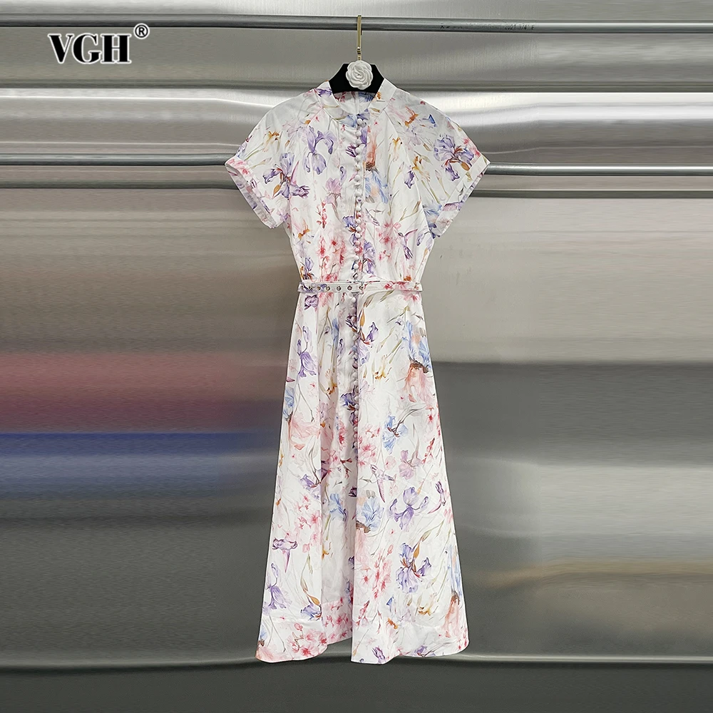 

VGH Elegant Printing Patchwork Sashes Dress for Women Stand Collar Short Sleeve High Waist Spliced Button Mid Dresses Female New
