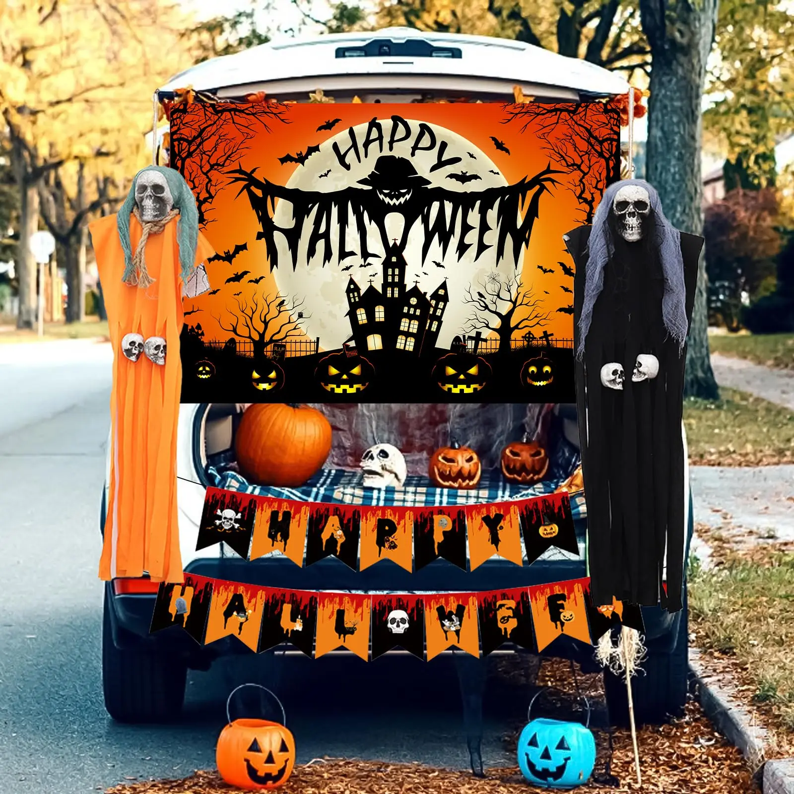 

Sursurprise Trunk or Treat Car Decorations - Orange Black Happy Halloween Backdrop Banner, Ghost Hanging Decors for Archway