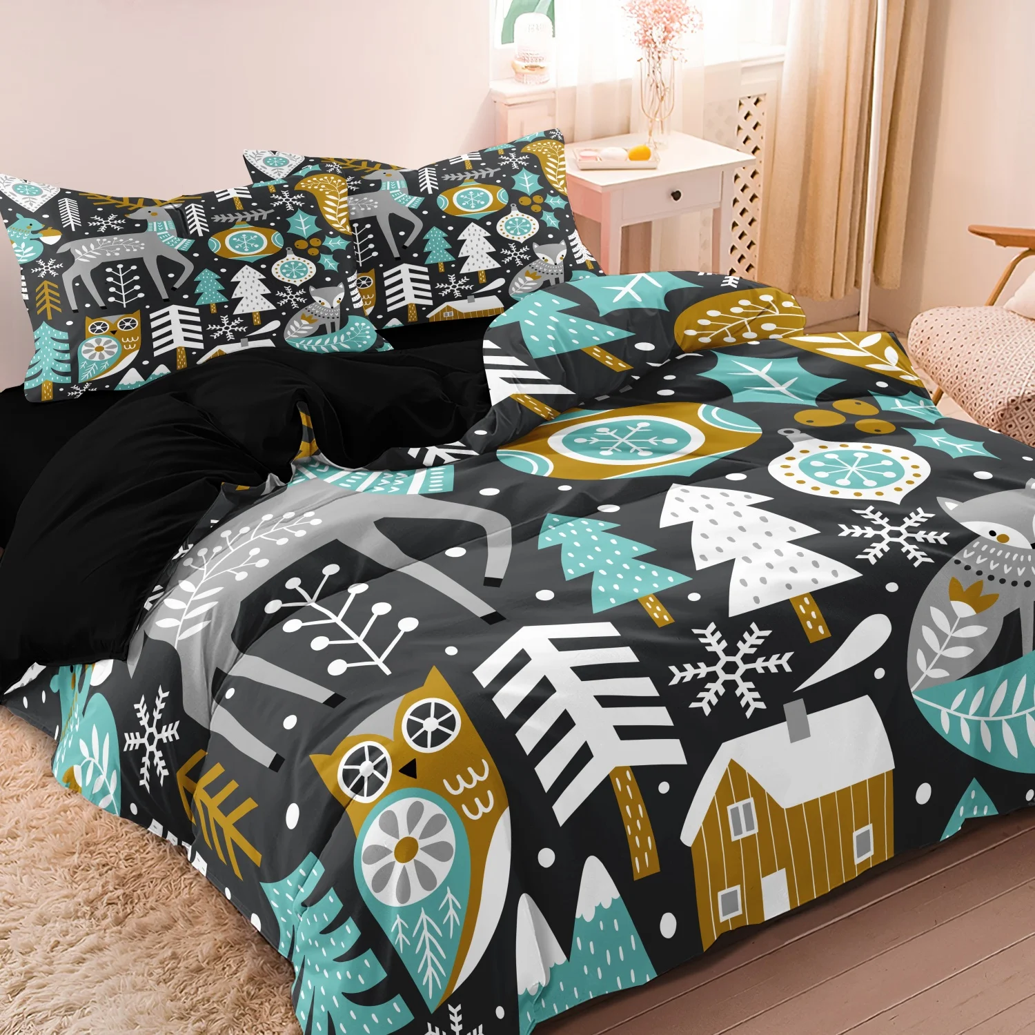 3Pcs Folk Style Deer Owl Fox Christmas Tree Cabin and Snowflake Print Duvet Cover Set, Scandinavian Winter Forest Animal Bedding