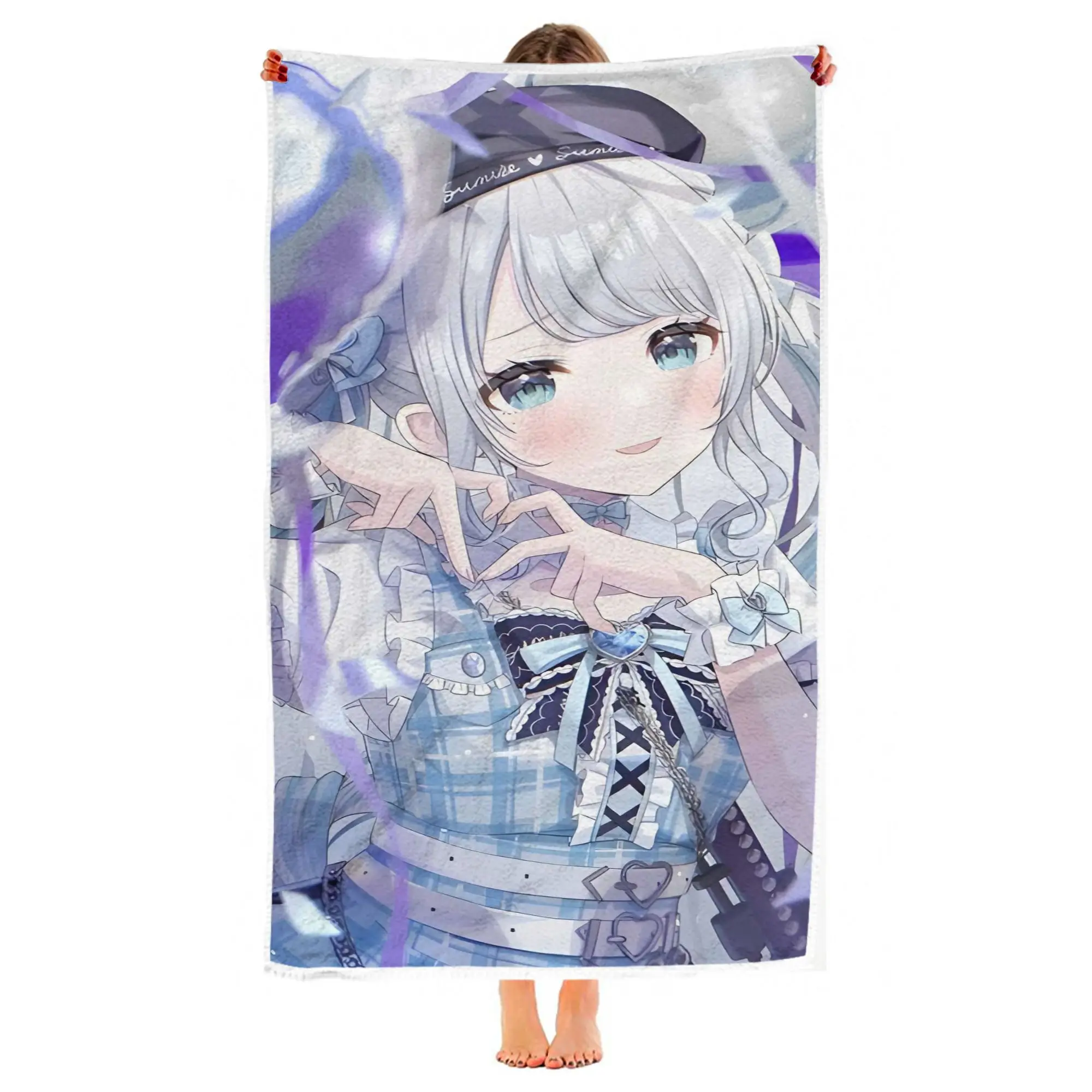 1PC V-Vtuber Anime Girl Beach Towel Cute Lolita Silver Hair Character Microfiber Quick Dry Extra Large Beach Towel Fan Gift