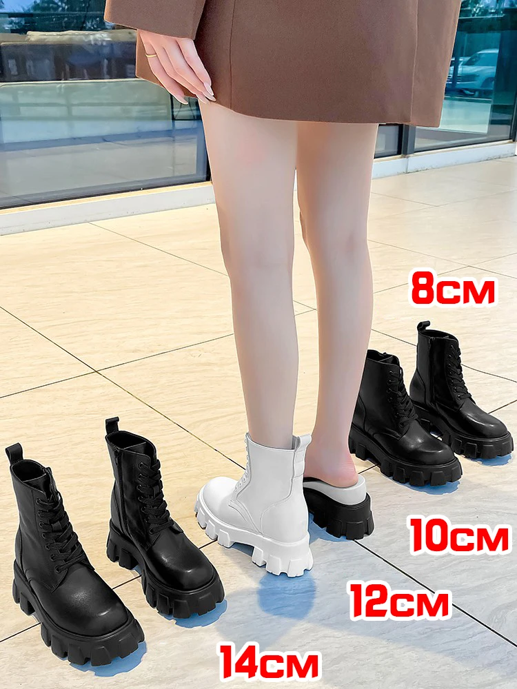 14cm Increasing Shoes Women Short Boots Chunky Sole Boots Genuine Leather Cowhide Female Boots Black Classic Ankle Boots