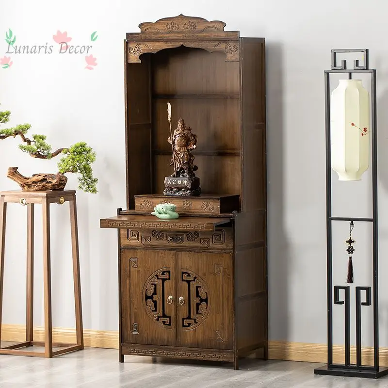 New Chinese Buddhist niche solid wood home Zen vertical cabinet simple carving with storage cabinet